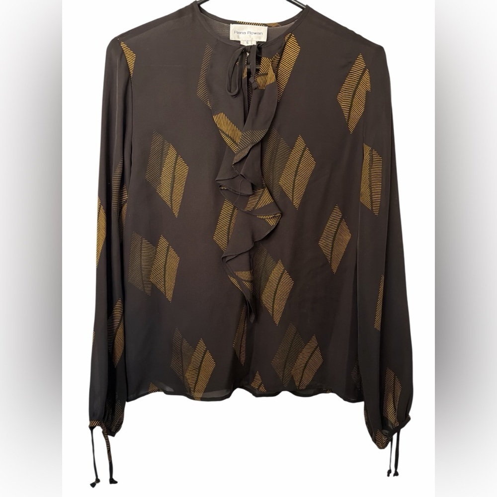Rena Rowan Black Silk Ruffle Front Blouse with Gold Geometric Print